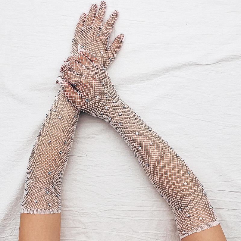 2 Pair Mesh Gloves Fishnet Crystal Rhinestone Long Full Finger Arm Opera Party Lace