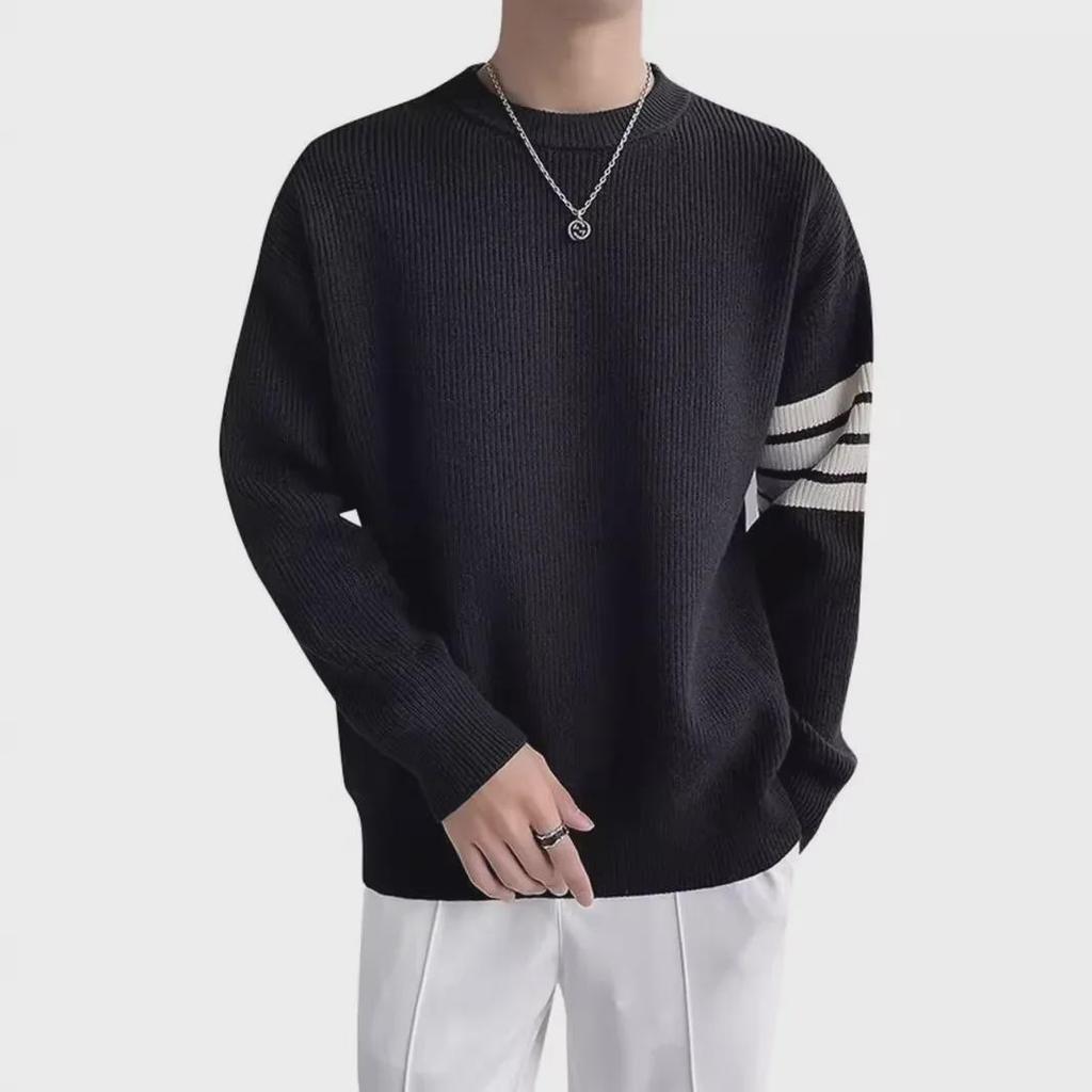Men's Autumn/Winter Striped Round Neck Wool Sweater - Trendy Casual Long-Sleeved Knit Shirt, Korean Style