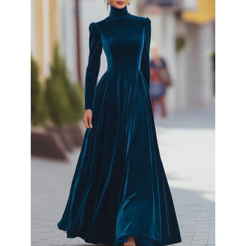Womens Winter Velvet Dress High Neck Puff Sleeve Fit Flare Maxi Elegant Party