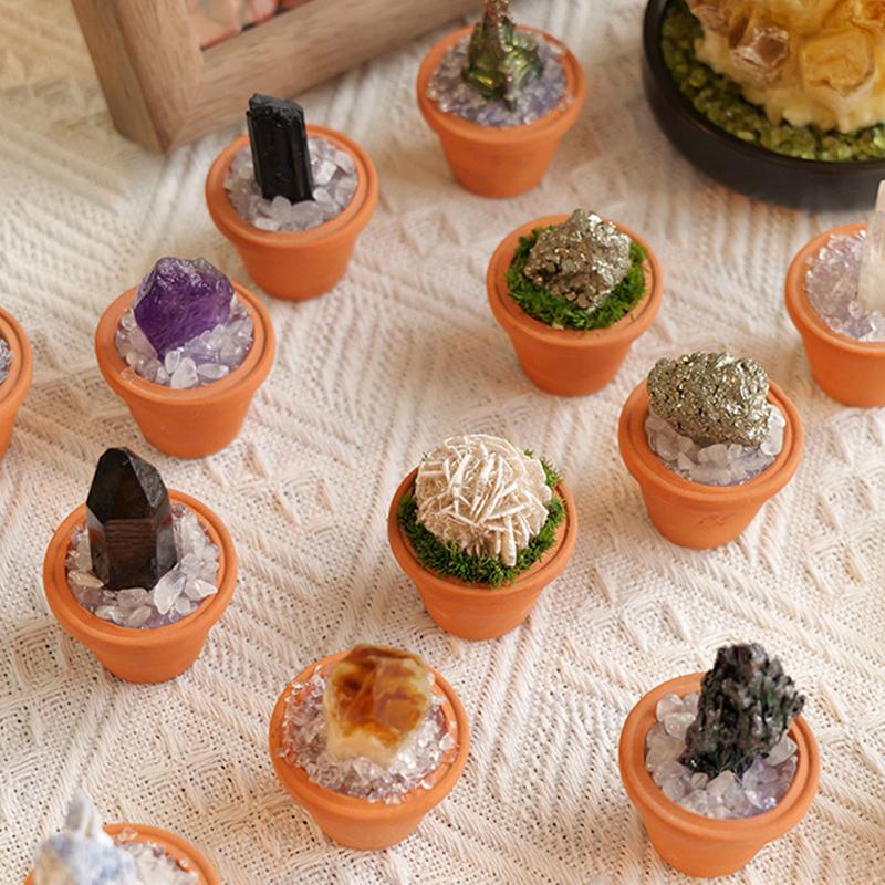 1PC Natural Crystal Stones Set Mini Clay Pot Base Amethyst Quartz Healing Gemstones Potted Plant Style Feng Shui Home Decor