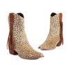 Krazing Pot Осенне-зимняя обувь из искусственного меха на толстом высоком каблуке, ковбойские сапоги с леопардовым узором, европейский стиль, сохраняющие тепло, ботильоны