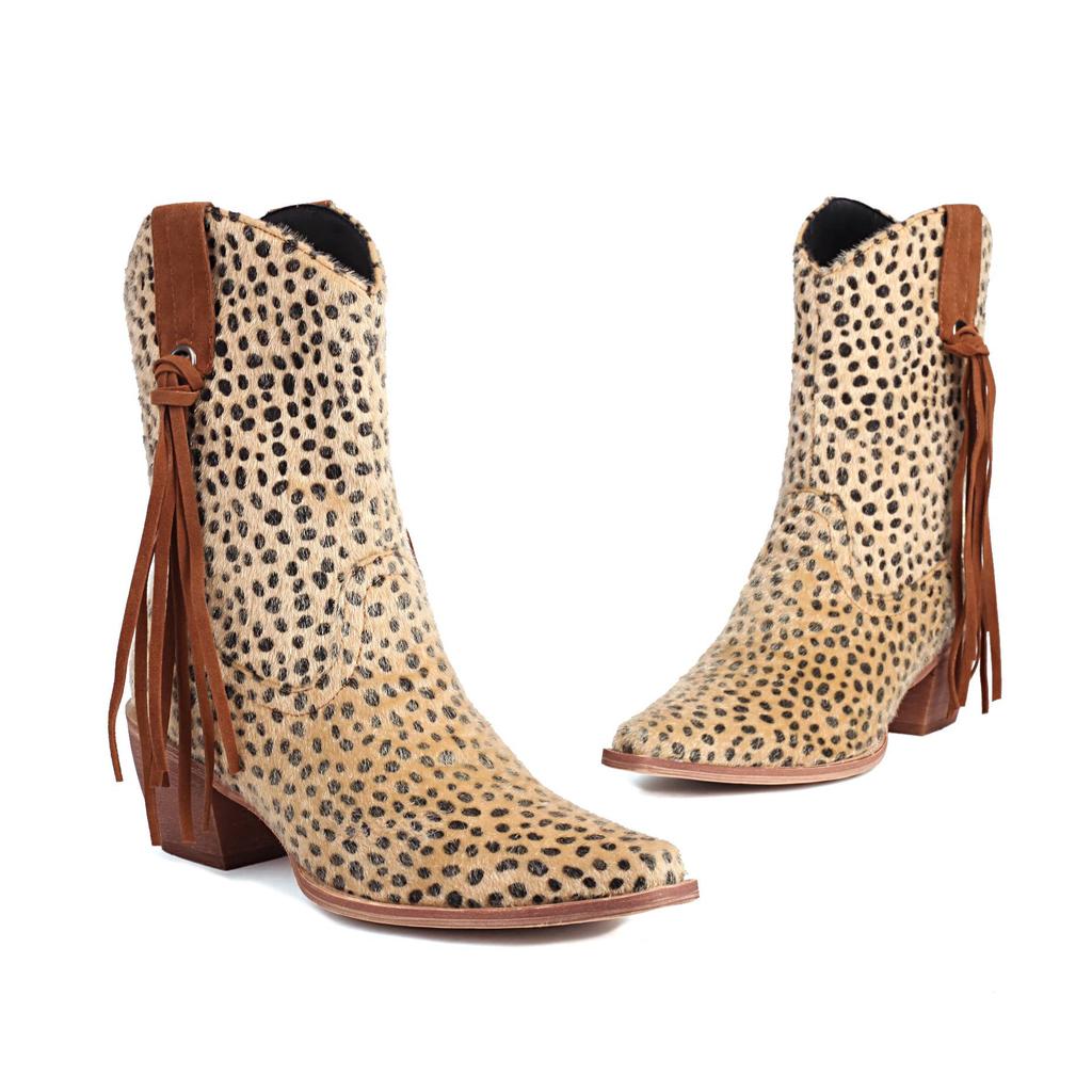 Krazing Pot Осенне-зимняя обувь из искусственного меха на толстом высоком каблуке, ковбойские сапоги с леопардовым узором, европейский стиль, сохраняющие тепло, ботильоны