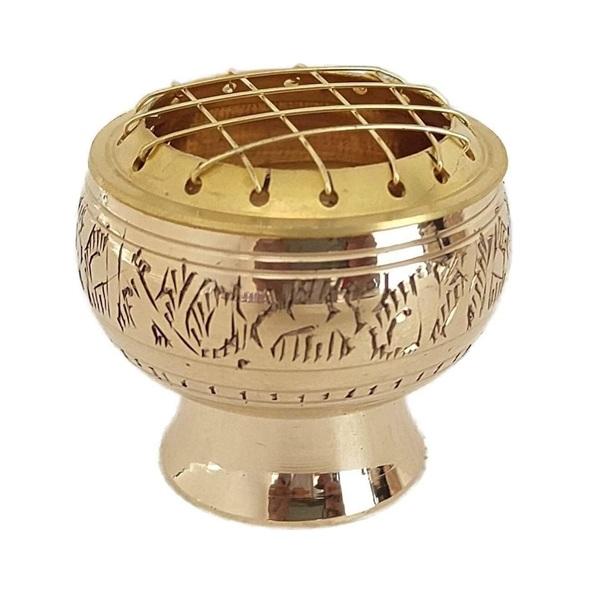 TreegoArt Golden Incense Burner Engraved Design Loban Burner Bakhoor Burner Dhoop Holder For Pooja And Temple - Pack Of 1 (2 Inches Height)