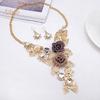Diamonding Jewelry Women Crystal Stone Inlaid Hollow Leaf Flower Pendant Earrings Necklace Set