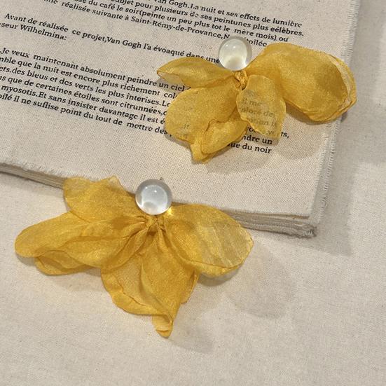 Women Mesh Petal Drop Earrings Handmade Large Chiffon Floral Dangle Earrings Vintage Stud Earrings for Vacation Wedding