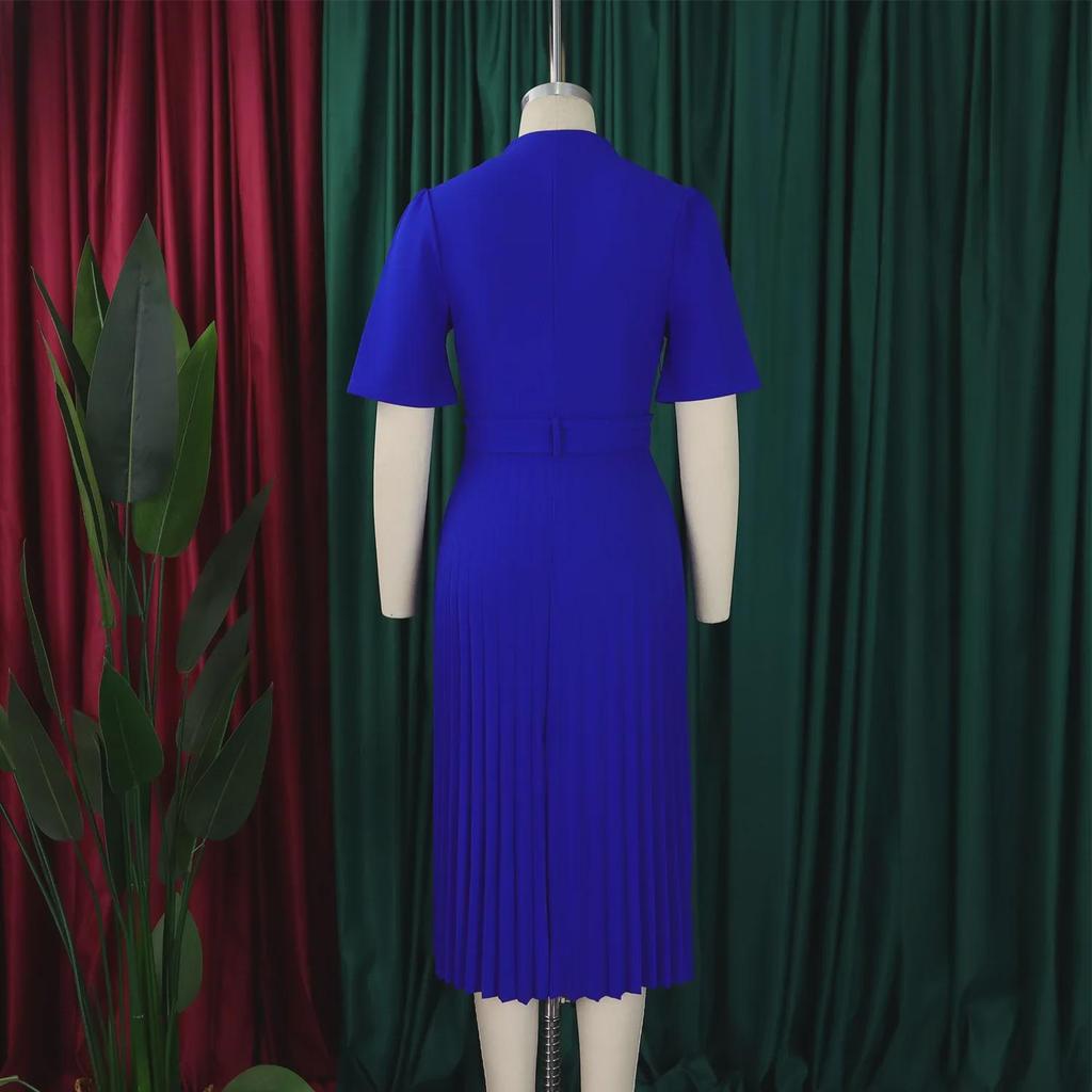 D563 Women's Summer V-Neck Pleated High-Waist Dress