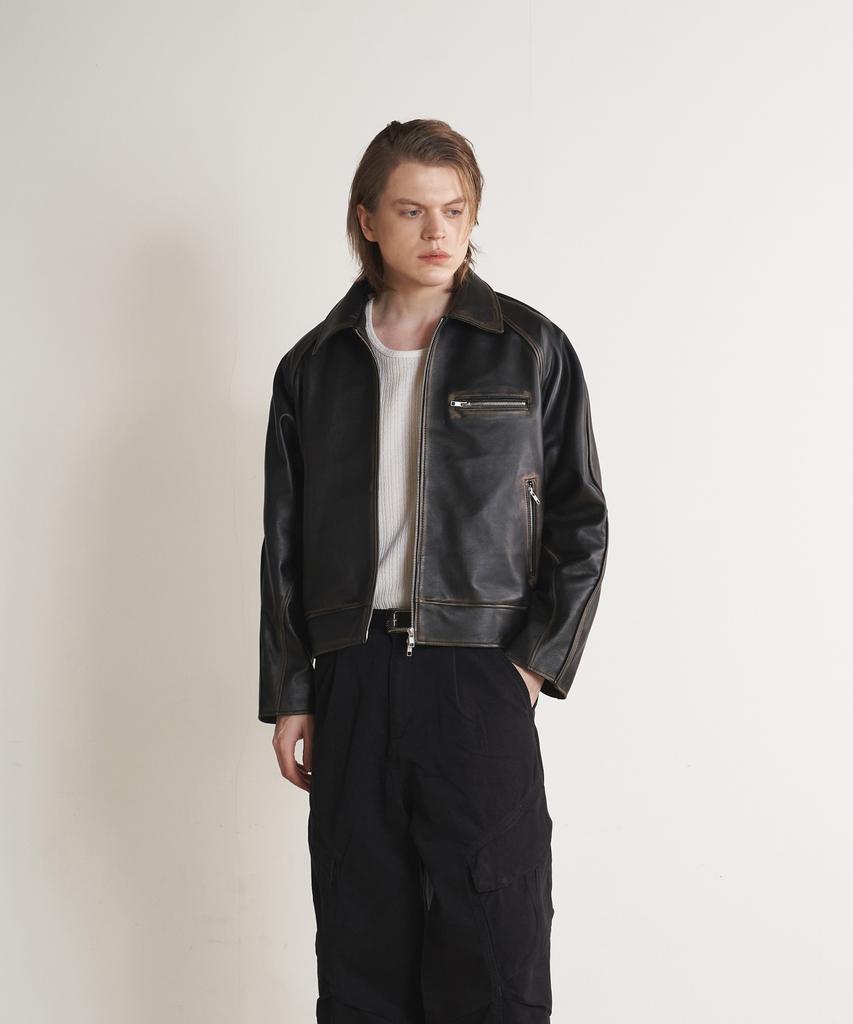 Sperone [Real Leather] Vintage Washed Stand Collar Jacket (Brown)