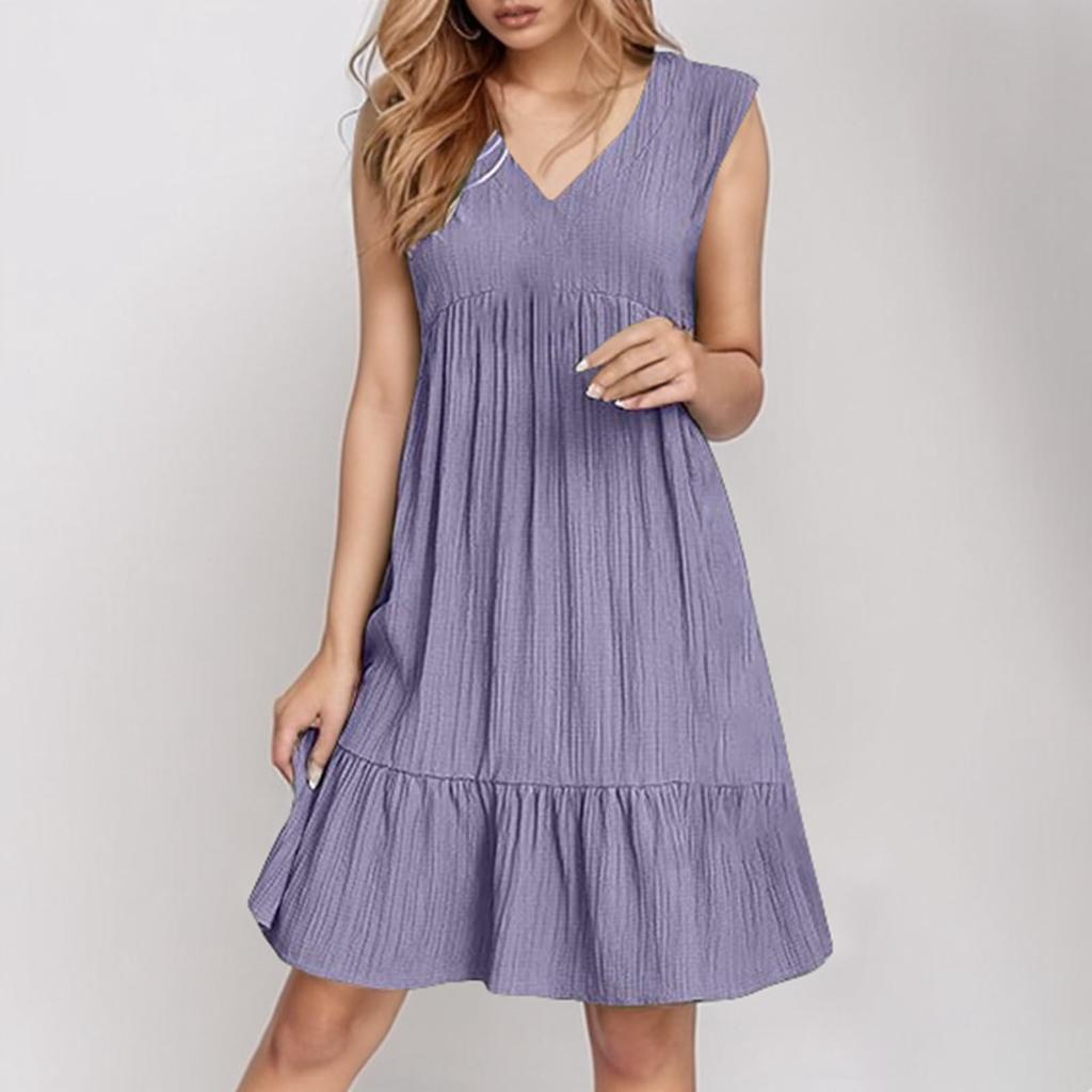 Ladies' Casual And Fashionable Solid Color Dress, Loose Sleeveless Waist Cinched Dress