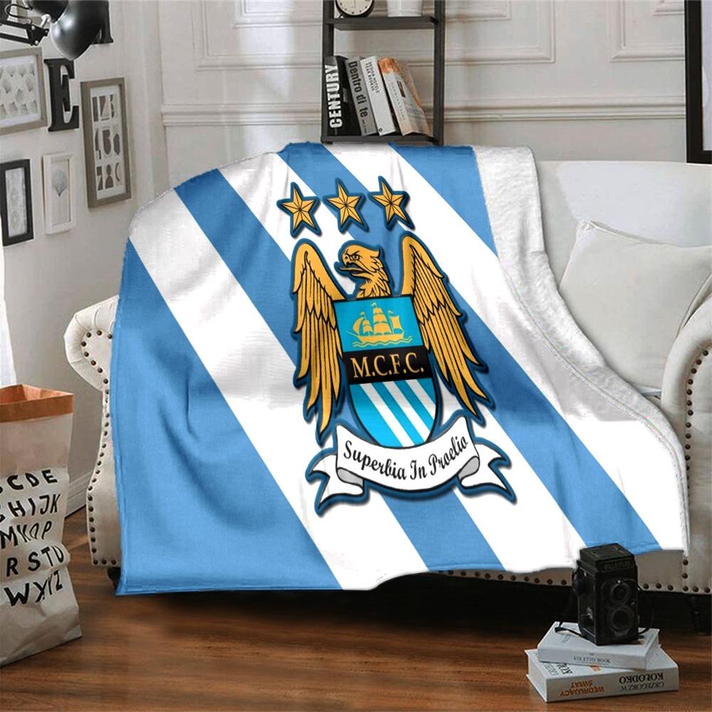 Manchester City Crest Flannel Blanket, Soft Polyester, Modern Design, All-Season for Camping, Travel, Gifts for holidays or birthdays