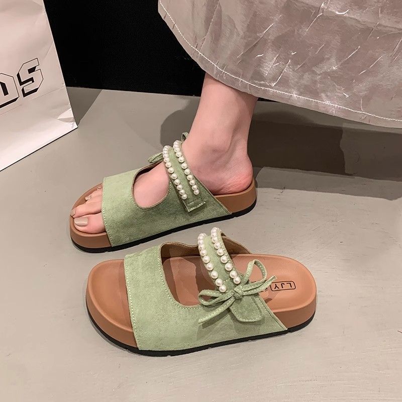 2025 sweet pearl bow flat bottom set toe one-word drag summer new beach wear Birkencool slippers women