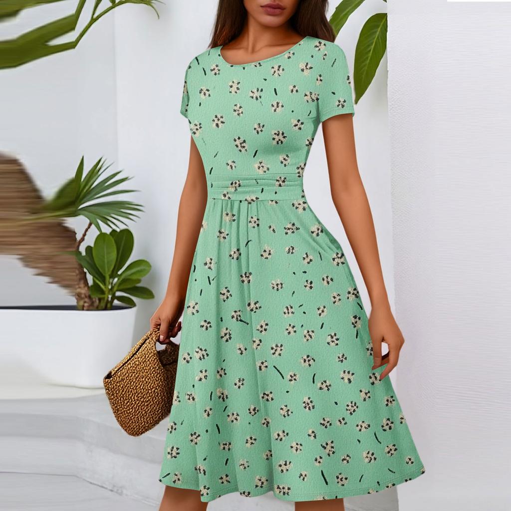 Женское повседневное модное платье миди А-силуэта с круглым вырезом, плиссированными короткими рукавами и цветочным принтом