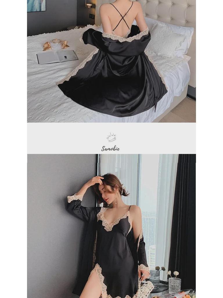 Пижамный комплект из кружева Ice Silk Deep V Backless для женщин