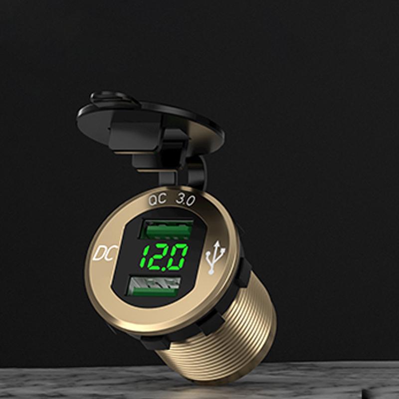 Автомобильное зарядное устройство с двойным USB Qc 3,0, алюминиевая розетка, зарядное устройство с цифровым дисплеем напряжения для автомобиля, мотоцикла 12 В/24 В