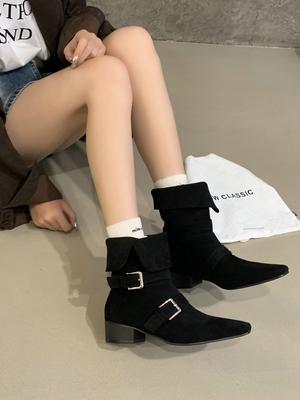 Французский нишевый дизайн полусапоги ретро ковбойские сапоги толстая подошва толстый каблук короткие сапоги складные рыцарские сапоги