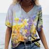 Colorful Floral 3D Digital Printed Women's Casual and Comfortable V-neck Short Sleeved T-shirt