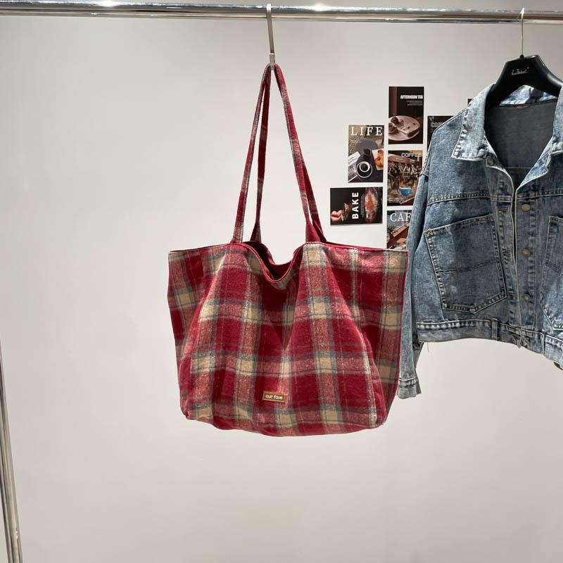 British Style Autumn and Winter Woolen Plaid Double-sided Bag Fresh College Style Shoulder Bag Large Capacity Lazy Style Tote Bag Women