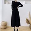 Осень и зима новый повседневный модный внутренний свитер юбка однотонный круглый вырез до колена длинное вязаное платье женское
