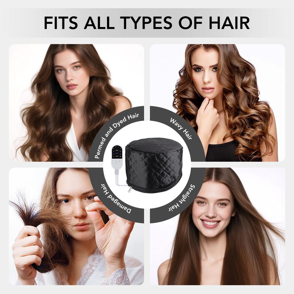 Home Salon Hair Steamer Cap Women Electric Portable Heating Hat Hair Oil Baking Mask Cap 3 Timer Deep Conditioning Bonnet Black