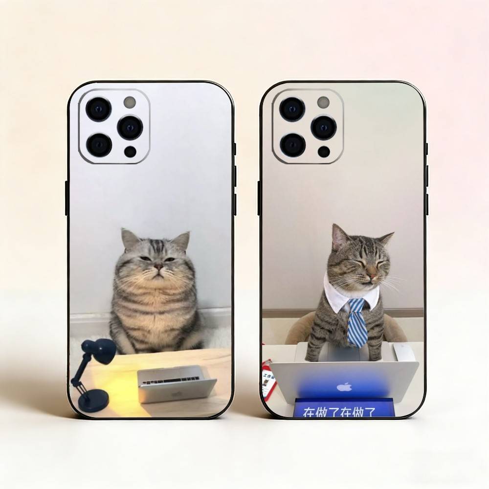 Table Working Cat Phone Case For iPhone 17,16,15,14,13,12,11 Plus,Pro Max,XS,Soft Silicone Black Cover