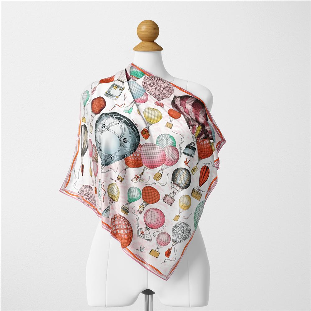 Twill Silk Scarf Women Hot Air Ballon Painting Square Scarves Wraps Bandana Small Hijabs Silk Foulards Tie Headband 53CM