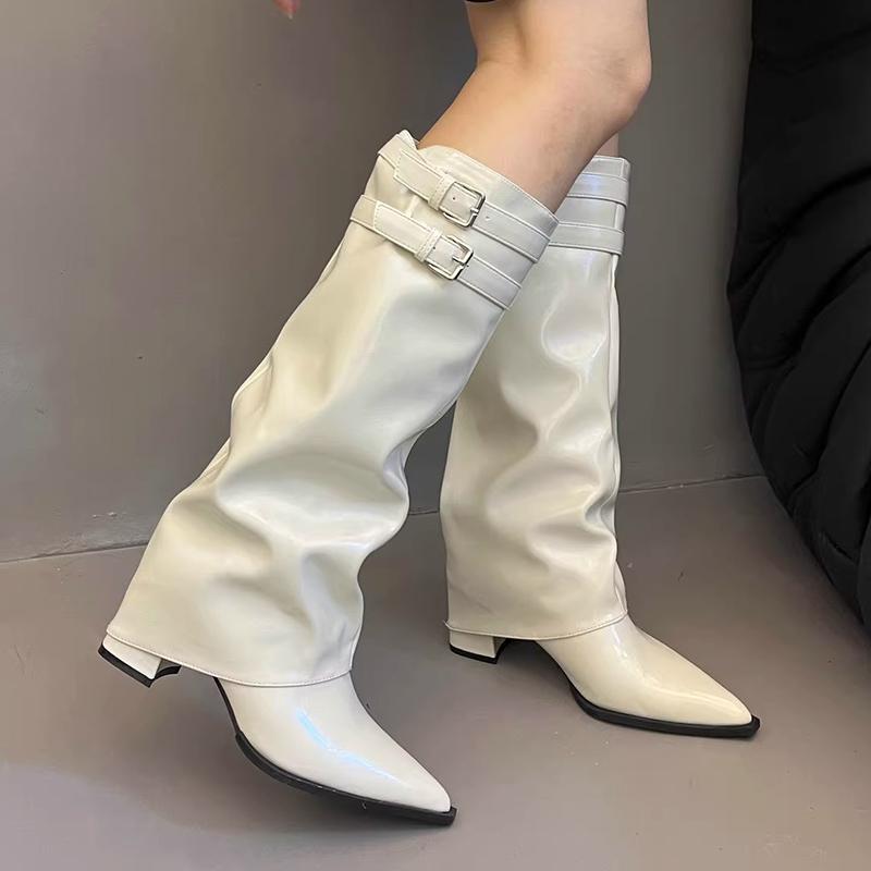 Острый носок женские высокие сапоги сексуальные толстые каблуки средней высоты до колена модные зимние дизайнерские туфли-лодочки готические мотоциклетные ботинки женские