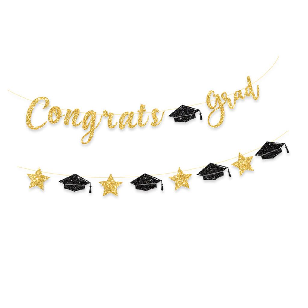 Glittering Congrats Grad Banner Graduation Party Ornament Hanging Decoration for Class of Graduation Celebration