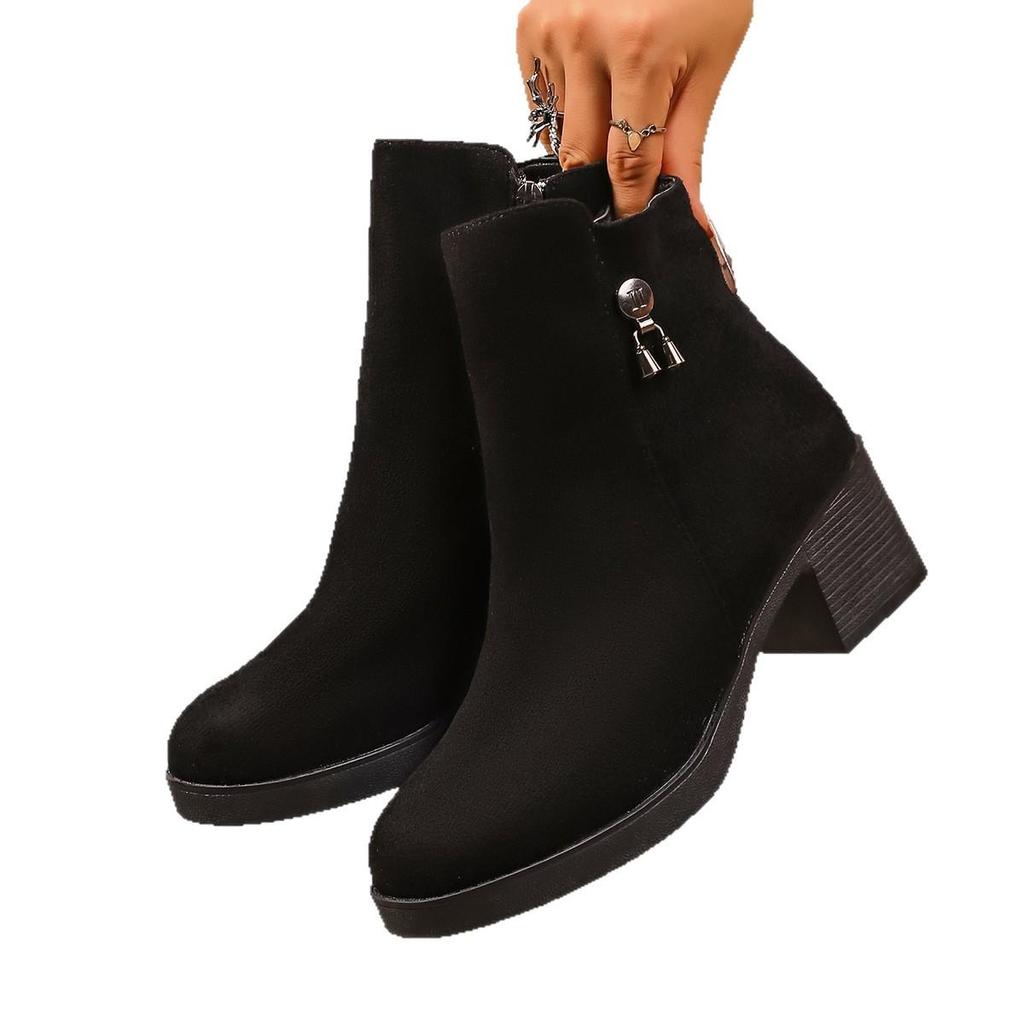 Женские черные замшевые ботильоны на массивном каблуке до щиколотки с боковой молнией – универсальные на среднем каблуке для поездок на работу