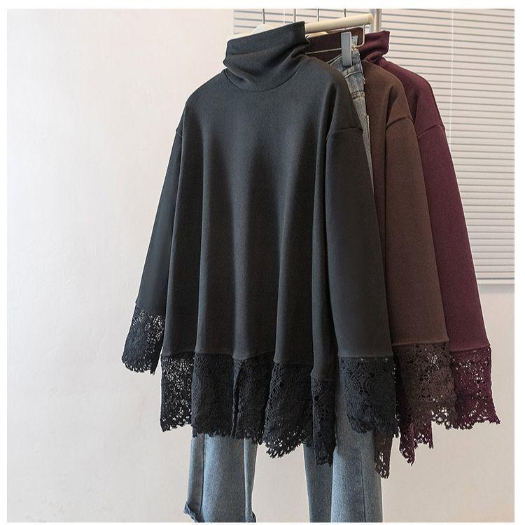 Женский топ большого размера из немецкого бархата с кружевом, длинный рукав, высокий воротник - Стройнящая осенне-зимняя верхняя одежда