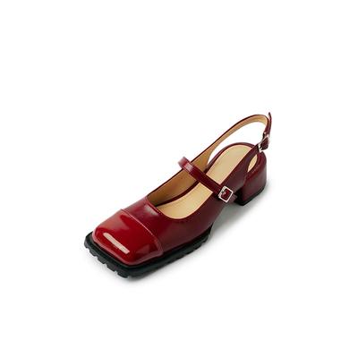 Удобные и универсальные летние кожаные сандалии Baotou на толстом среднем каблуке с квадратным носком сзади для женщин