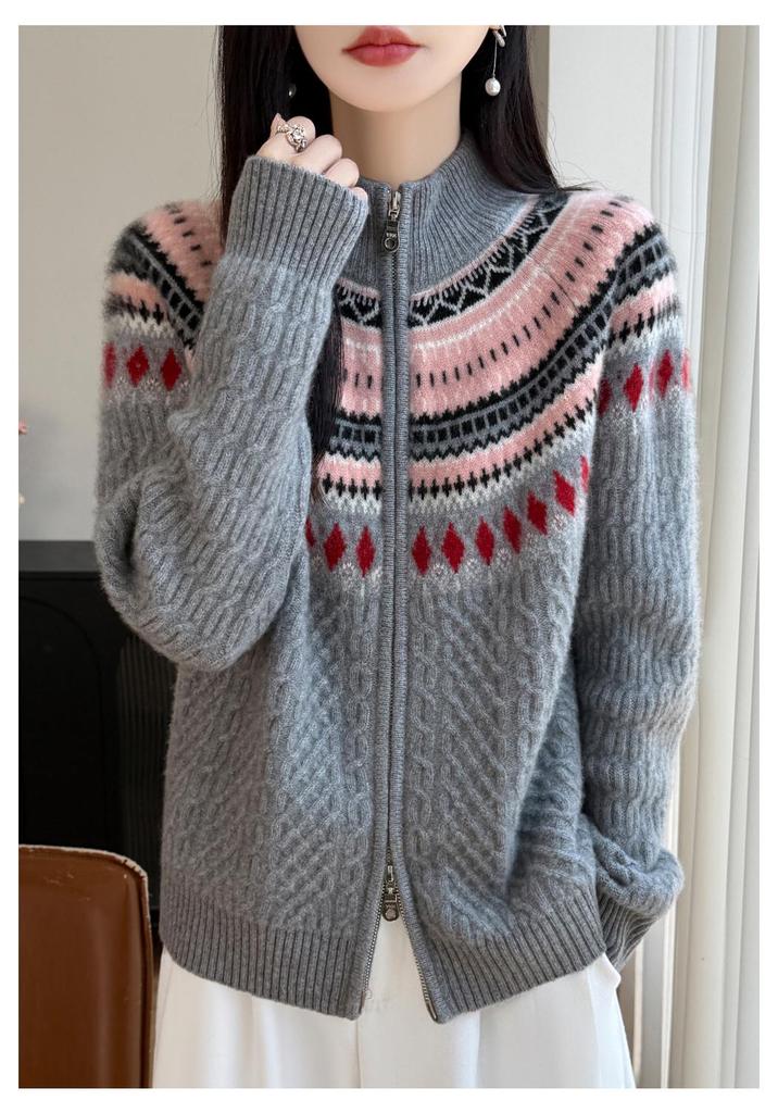 Women's Retro Zipper Wool Cardigan - Stylish Jacquard Knit for Autumn/Winter