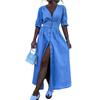 Women's Denim Long Dress V-Neck Short Sleeve Button Down Maxi Dress Casual
