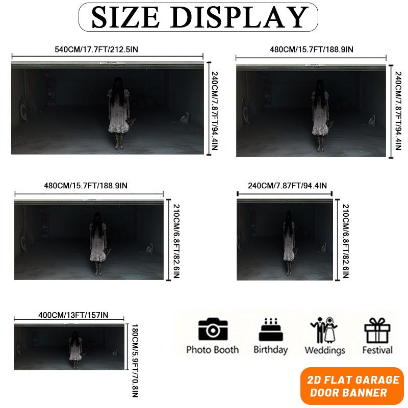 2D flat-print Halloween garage door coverings - Terrifying long-haired ghostly horror garage door banners - zyc