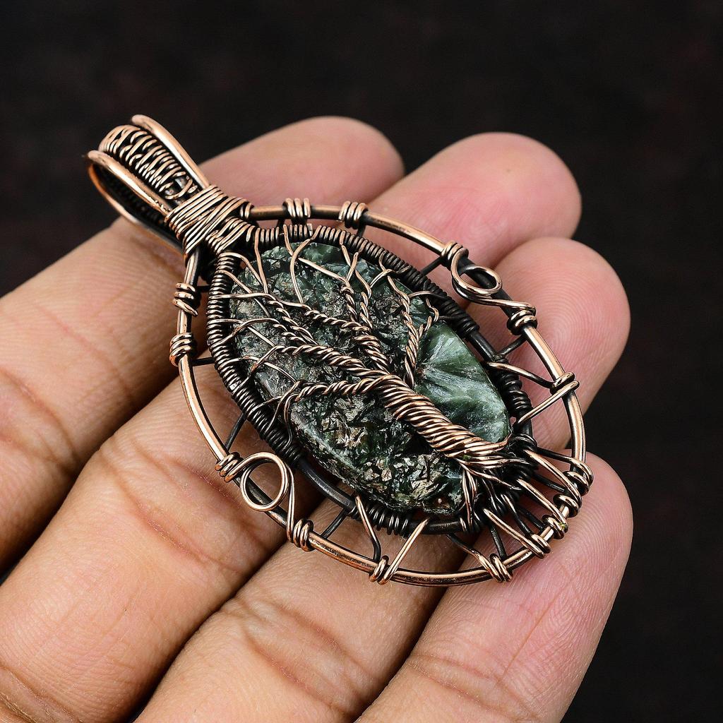 Древо Жизни Серафинит Медный Кулон Кулон, оплетенный медной проволокой Драгоценный камень Ювелирные изделия ручной работы Ювелирные изделия с серафинитом для женщин Подарок для матери