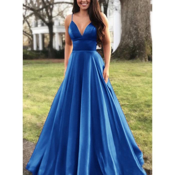 Лето новая европейская и американская женская одежда сексуальное платье с V-образным вырезом на бретельках однотонное без рукавов модное вечернее платье