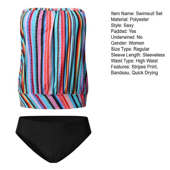 2Pcs/Set Women Swimsuit Set Bandeau Sleeveless Striped Print Swimming Tops High Waist Swimming