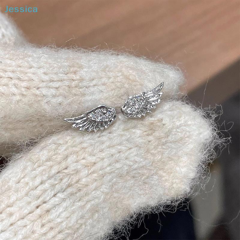 Angel Wing And Cross Ear Stud Set - 34Pcs Silver Plated Rhinestone Earrings For Women