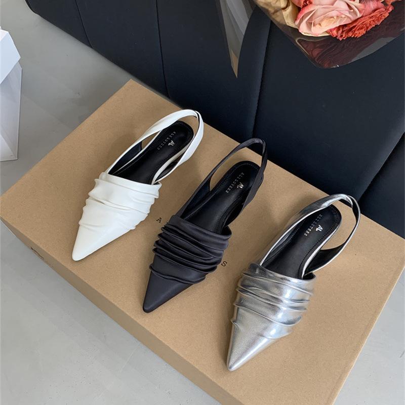 2025 Spring and Autumn New French Pointed Head Low Heel Empty Half Slippers Women's Flat Bottom Soft Leather Gentle Wind Bag Head Single