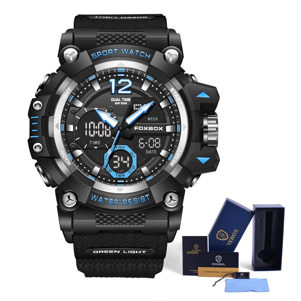LIGE x FOXBOX Брендовые модные мужские часы с цифровым двойным дисплеем, светящиеся водонепроницаемые спортивные часы с будильником