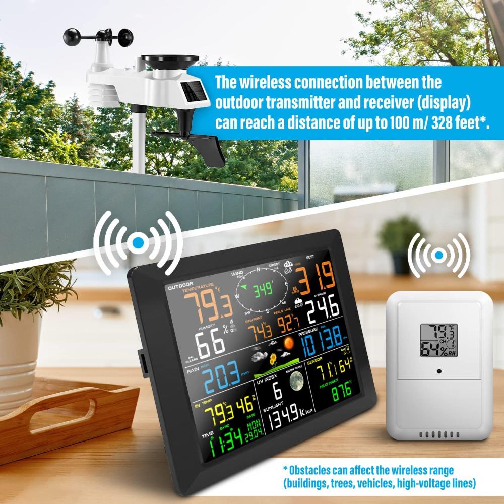 Professional Internet WiFi Weather Station with Outdoor Sensor Remote Monitoring System, 10.2 Inch Color Display with Rain Gauge, Temperature and UV