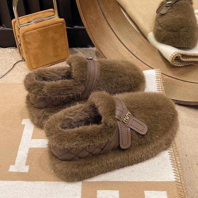 Белые плюшевые туфли на толстой подошве с одной педалью Европейские плюшевые туфли Детская плюшевая обувь 2025 новая обувь из хлопка Doudou на осень и зиму