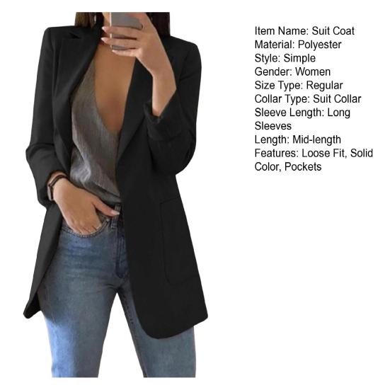Women Suit Coat Lapel Long Sleeve Open Front Suit Jacket Solid Color Urban Style Spring Autumn Business Outerwear