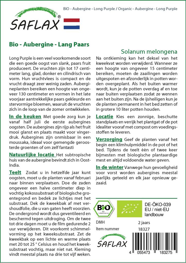 SAFLAX Сад в сумке - Органический - Баклажан - Длинный фиолетовый - 20 семян - С субстратом в подходящем стоячем мешке - Solanum melongena