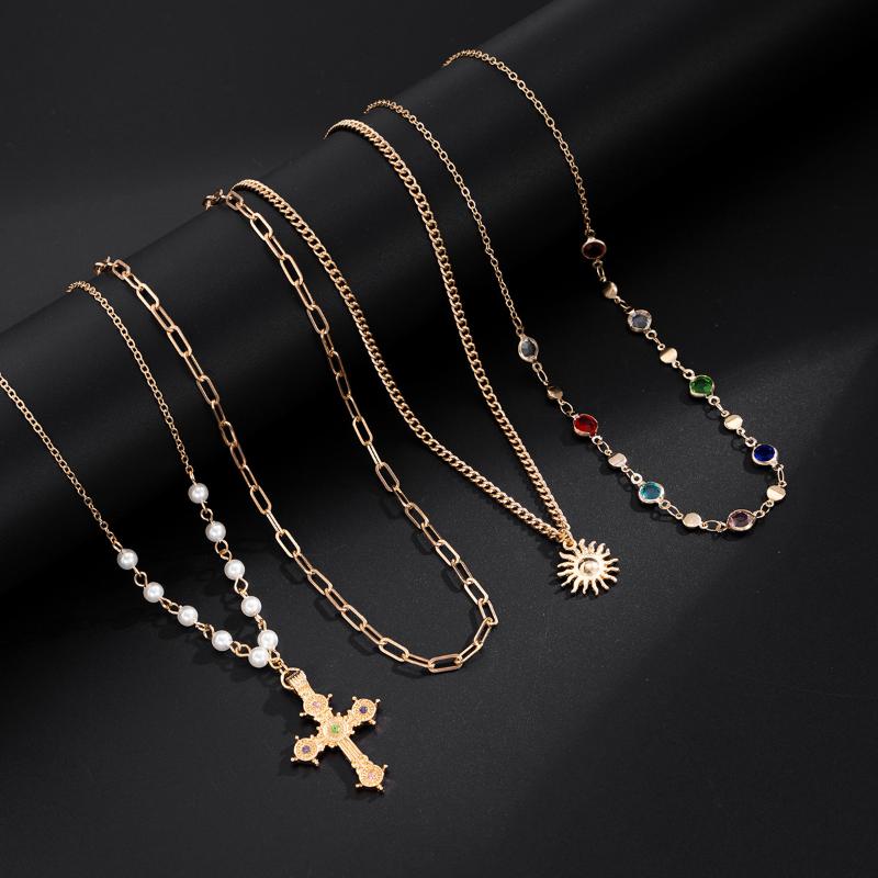 Fashionable Light Luxury Jesus Cross Pendant Necklace Set For Women Trendy Colorful Crystal Chain Choker Christian Jewelry Gift