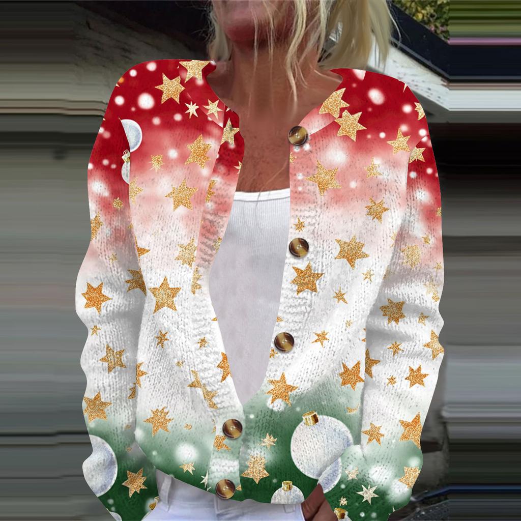 Women's Fashion Christmas Printed Long Sleeve Knitted Cardigan Button Down Jacket
