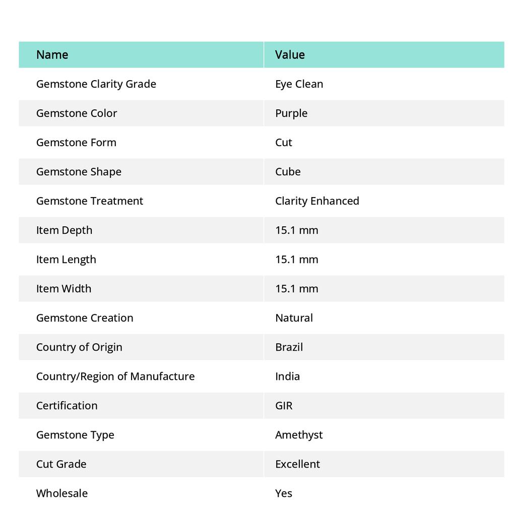 15MM Natural Purple Amethyst Cube Cut 34.2 Ct Certified Flawless Loose Gemstone