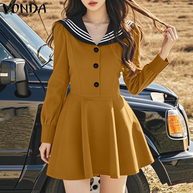 VONDA Женские летние полосатые платья с длинным рукавом и лацканами