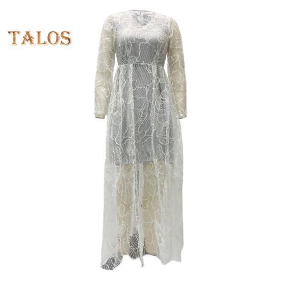 Женское вечернее платье с глубоким V-образным вырезом, кружевным цветочным узором, макси-платье А-силуэта, с длинными рукавами-фонариками, с высокой талией, плиссированное бальное платье для выпускного вечера