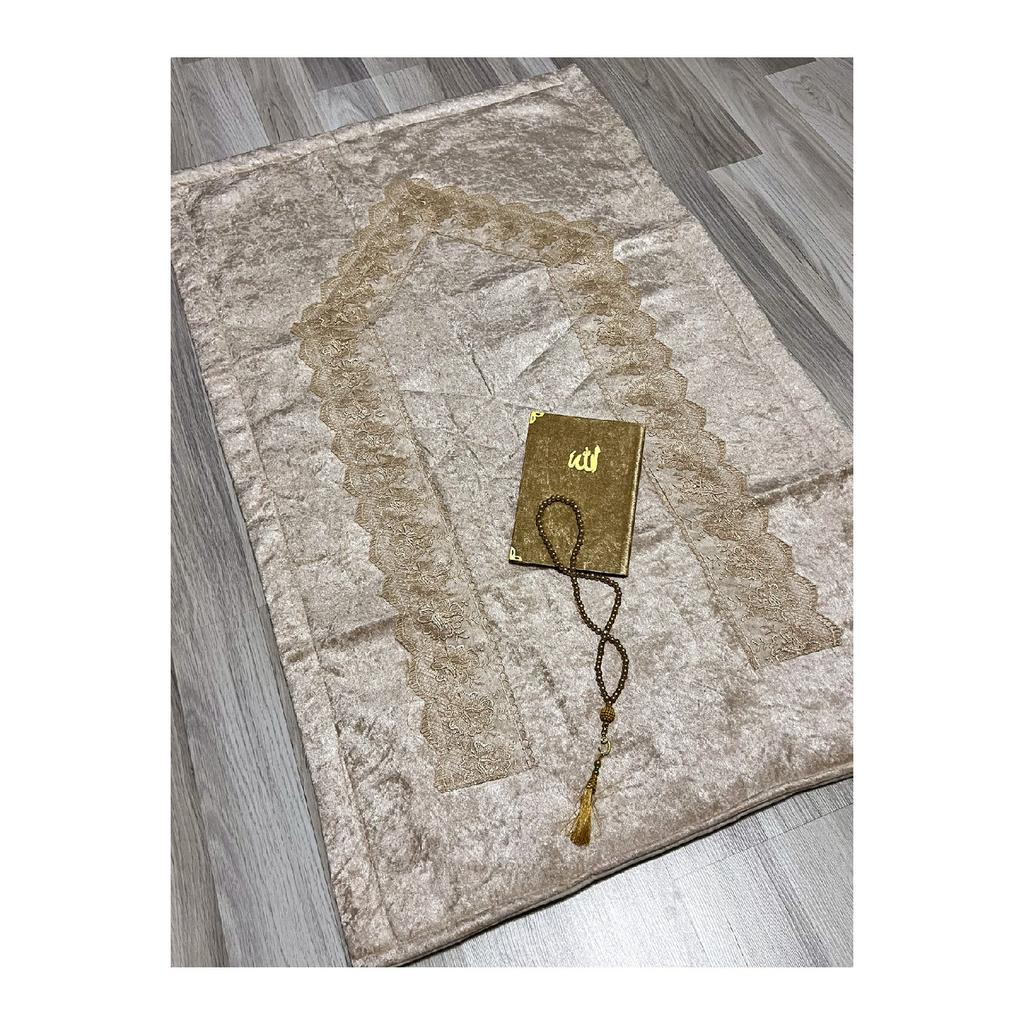 3 Piece French Guipure Embroidered Velvet Dowry Bridal Set Prayer Rug