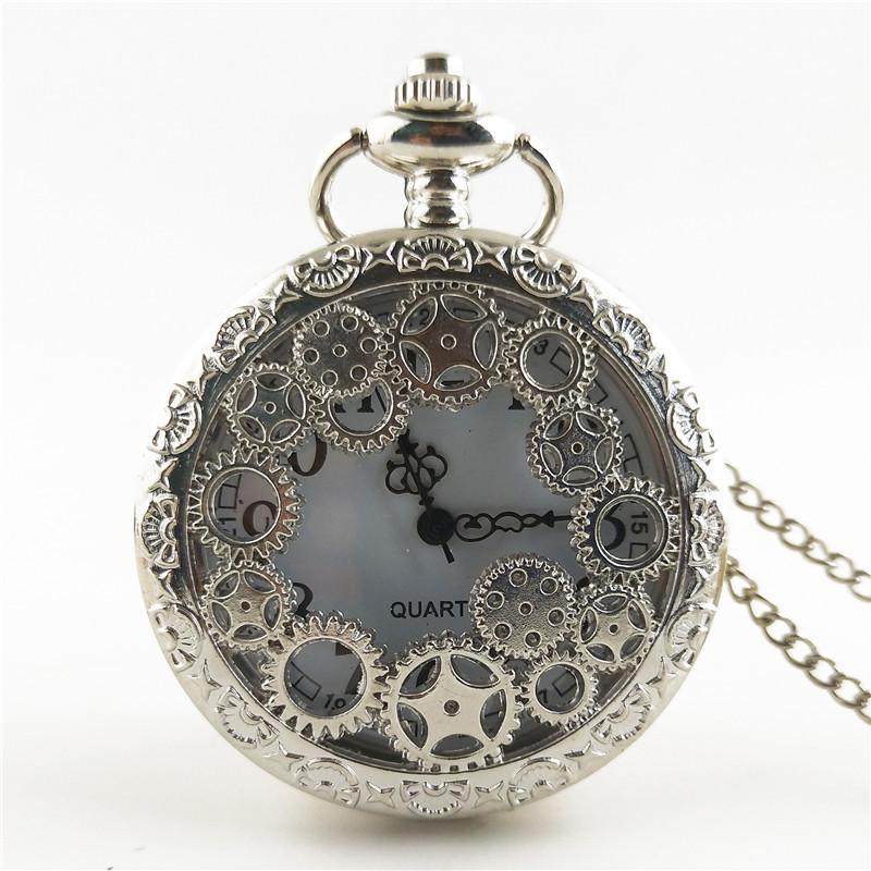 Steampunk Copper Vintage Hollow Gear Hollow Quartz Pocket Watch Necklace Pendant Clock Chain Men Women