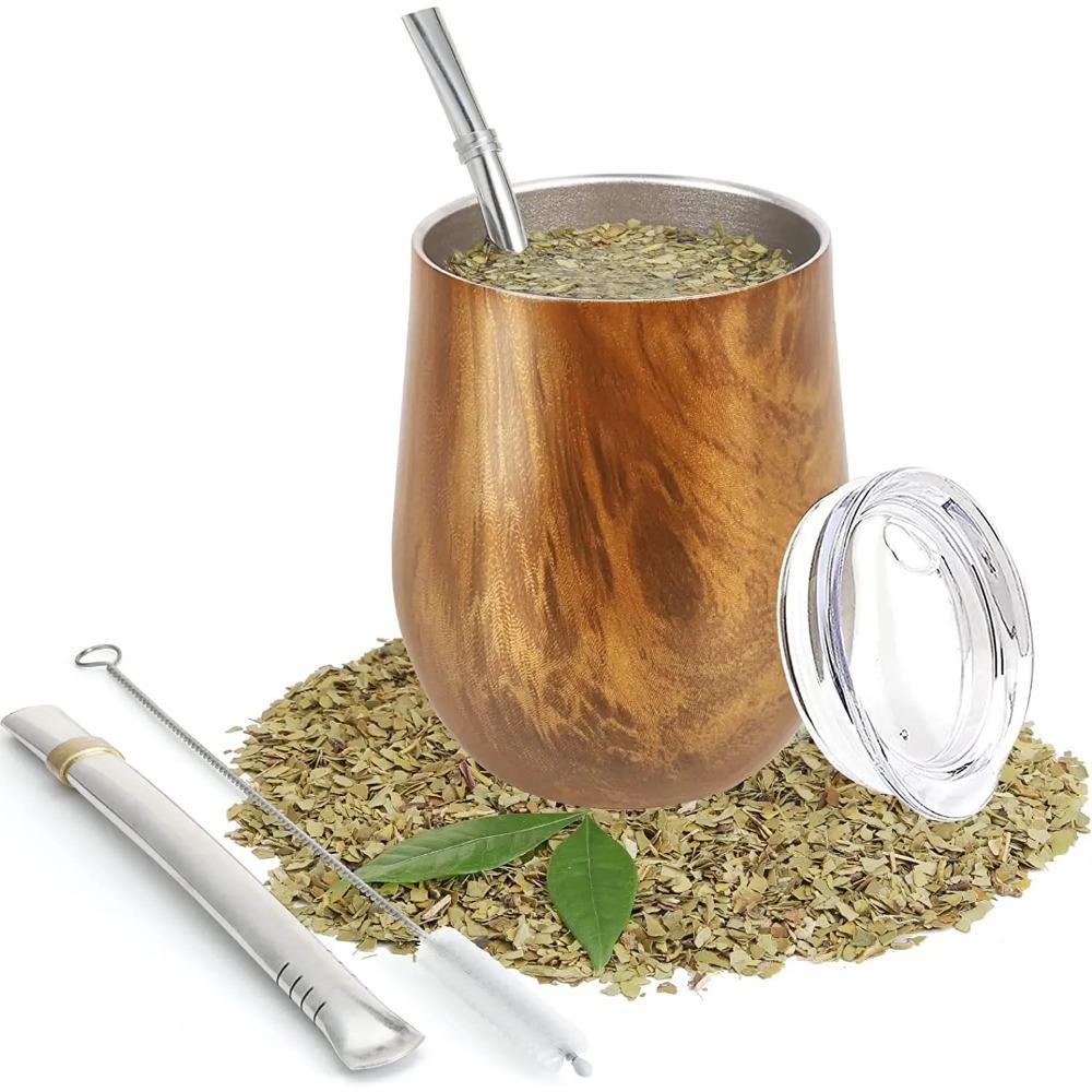 Yerba Mate Натуральный набор из тыквы/чашек для чая с крышкой (Оригинальная традиционная чашка для мате - 230 мл) | Включает 2 бомбильи (Соломинки для Йерба Мате)